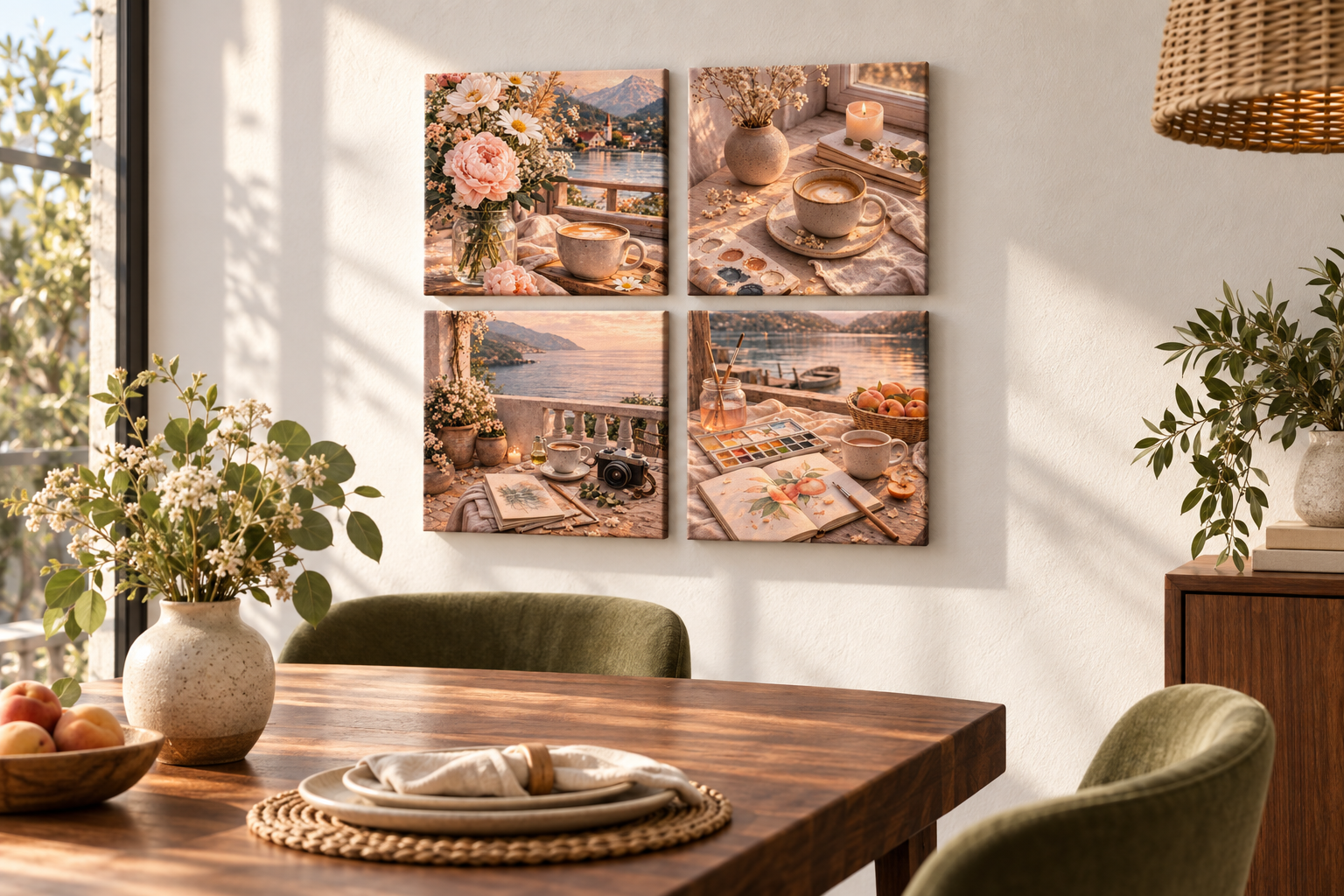 Interior styling illustration: four Cozy Vintage paintings displayed in a dining nook